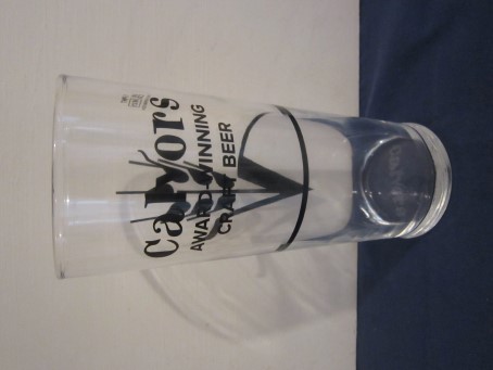 beer glass from the Calvors  brewery in England with the inscription 'Calvors Award Winning Craft Beer'