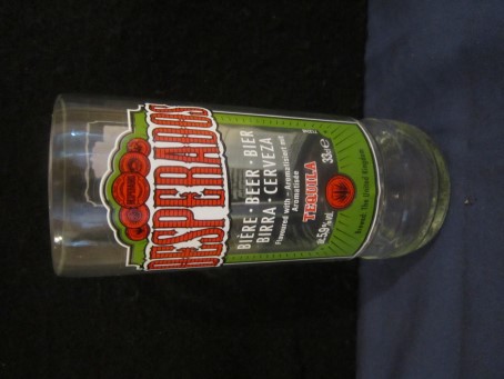 beer glass from the Fischer brewery in France with the inscription 'Desperados Biere-Beer-Bier- Birra- Cerveza Taquila 5.9% Vol 33cl'