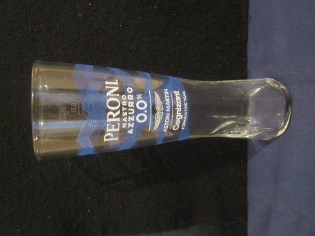 beer glass from the Peroni brewery in Italy with the inscription 'Peroni Nasto Azzurro 0.0% Aston Martin Cognizant Formula One Team'