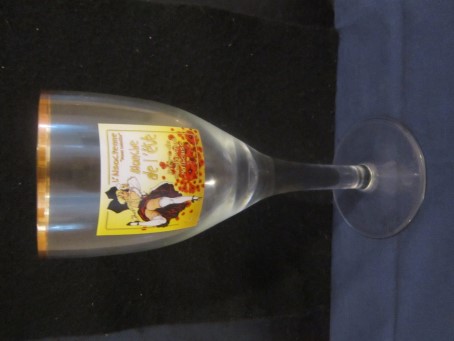 beer glass from the L' Alsacienne  brewery in France with the inscription 'L' Alsacienne Blanche De L Eve Biere Du Gambrinus Mulhouse'