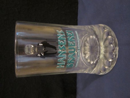 beer glass from the Hansens brewery in Germany with the inscription 'Hansens Brauereo Flensburgs Erste Gasthausbrauerei'