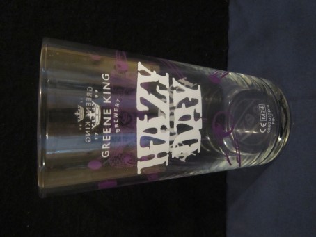 beer glass from the Greene King brewery in England with the inscription '1799 Greene King Brewery Hazy Day'