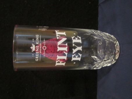 beer glass from the Greene King brewery in England with the inscription '1799 Greene King Brewery Flint Eye'
