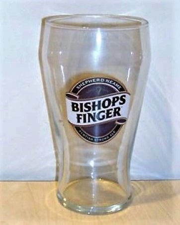 beer glass from the Shepherd Neame brewery in England with the inscription 'Shepherd Neam Bishops Finger Kentish Strong Ale'