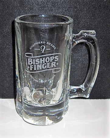 beer glass from the Shepherd Neame brewery in England with the inscription 'Shepherd Neam Since 1698 Bishops Finger Britains Oldest Brewer'