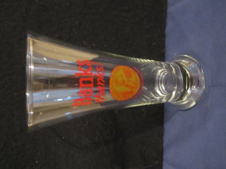 beer glass from the Banks  brewery in Barbados with the inscription 'Banks Thanks! The Prize Winning Beer'