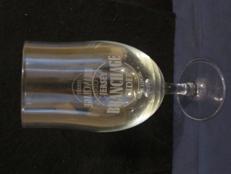 beer glass from the La Mare's� brewery in Jersey with the inscription 'Jersey Branchage Cider 100% Local'
