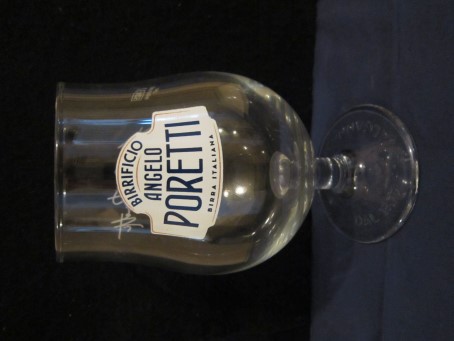 beer glass from the Poretti brewery in Italy with the inscription 'Birrificio Angelo Poretti Birra Italiana'