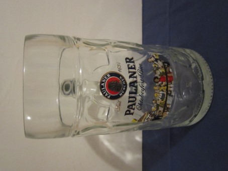 beer glass from the Paulaner brewery in Germany with the inscription 'Paulaner Munchen, Paulaner Oktoberfest Bier'