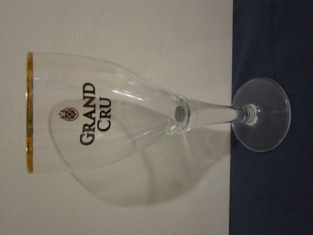 beer glass from the St Feuillien brewery in Belgium with the inscription 'Gran Cru, St Fruillien'