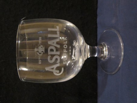beer glass from the Aspall brewery in England with the inscription 'Aspall Suffolk ESTD 1728'