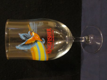 beer glass from the United Breweries brewery in India with the inscription 'Kingfisher, Look Up & See The Beauty'
