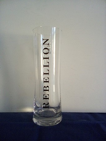 beer glass from the Rebellion brewery in England with the inscription 'Rebellion'