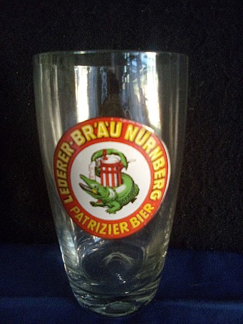 beer glass from the Tucher Brau brewery in Germany with the inscription 'Lederer Brau Nurnberg Patrizier Bier'