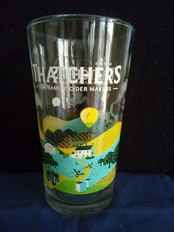 beer glass from the Thatchers brewery in England with the inscription 'Thatchers The Family Cider Makers EST 1904'