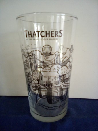 beer glass from the Thatchers brewery in England with the inscription 'Thatchers The Family Cider Makers EST 1905'