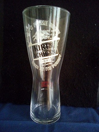 beer glass from the Kirin brewery in Japan with the inscription 'Japan's Prime Brew. Kirin Ichiban Beer At Its Purest'