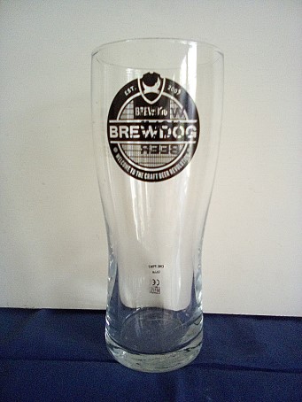 beer glass from the Brew Dog brewery in Scotland with the inscription 'Brewdog EST 2007 Welcome To The Craft Beer Revolution'