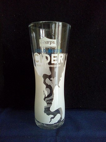 beer glass from the Sharp's brewery in England with the inscription 'Sharp's Brewery Established 1994 Cold River Cider, Ocean Cold Refreshment'
