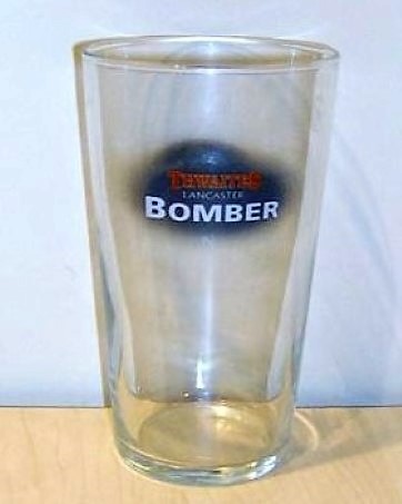 beer glass from the Thwaites brewery in England with the inscription 'Thwaites Lancaster Bomber'