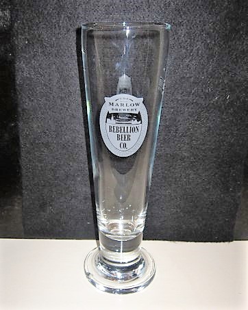 beer glass from the Rebellion brewery in England with the inscription 'The Marlow Brewery Rebellion Beer Co'