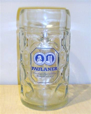 beer glass from the Paulaner brewery in Germany with the inscription 'Paulaner Munchner Specialitaten Brauerei Seit 1634'