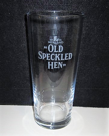 beer glass from the Morland  brewery in England with the inscription 'Est 1711 Morland Speckled Hen'