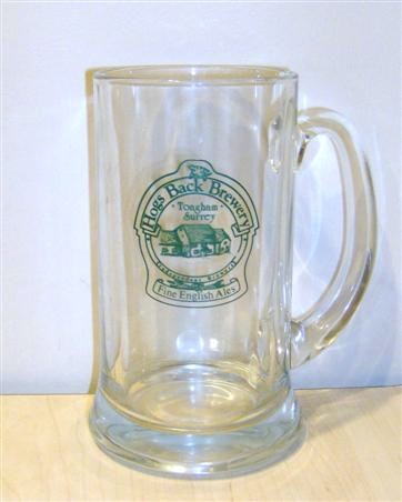 beer glass from the Hogs Back brewery in England with the inscription 'Hogs Back Brewery Tongham Surrey Inderpendent Brewers Fine English Ales'