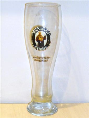 beer glass from the Franziskaner brewery in Germany with the inscription 'Franziskaner Weissbier Franziskaner Der Bayerische Hochgenub'