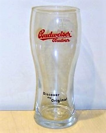 beer glass from the Budweiser Budvar brewery in Czech Republic with the inscription 'Budweiser Budvar Discover The Original'