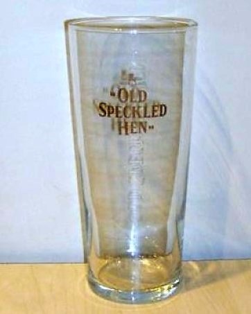 beer glass from the Morland  brewery in England with the inscription 'Old Speckled Hen 1711 Morland'