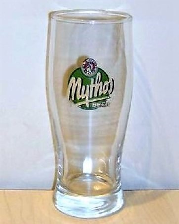 beer glass from the Mythos brewery in Greece with the inscription 'Mythos Beer'