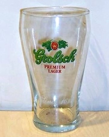 beer glass from the Grolsch brewery in Netherlands with the inscription 'Grolsch Premium Larger Since 1615 '