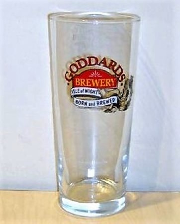 beer glass from the Goddards  brewery in England with the inscription 'Goddards Brewery Isle Of Wight Born And Bread'