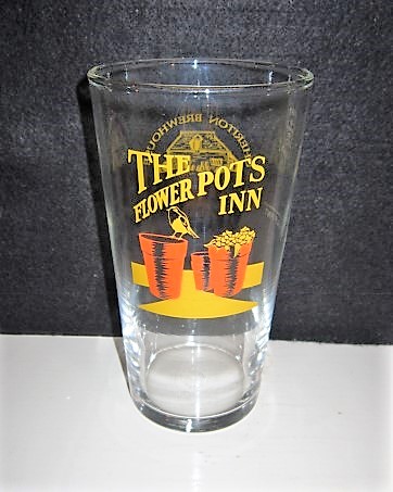 beer glass from the Cheriton Brewhouse brewery in England with the inscription 'The Flower Pot Inn'