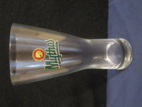 beer glass from the Mythos brewery in Greece with the inscription 'Mythos'