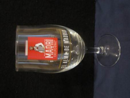 beer glass from the La Sagra brewery in Spain with the inscription 'Madri Excepcional, El Alma De Madrid'